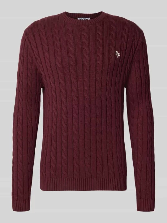 Zdjęcie produktu sweter z dzianiny o kroju slim fit z czystej bawełny ze ściegiem warkoczowym REVIEW Bordowy
