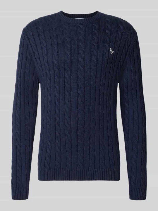 Zdjęcie produktu sweter z dzianiny o kroju slim fit z czystej bawełny ze ściegiem warkoczowym REVIEW Granatowy