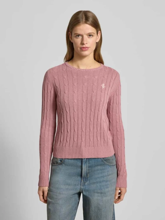 Zdjęcie produktu Sweter z dzianiny o kroju slim fit z okrągłym dekoltem i ściegiem warkoczowym REVIEW Brudnoróżowy