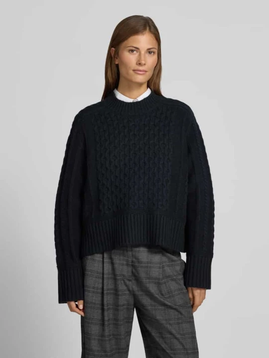 Zdjęcie produktu Sweter z warkoczowym splotem o kroju boxy, 100% wełna Style Icon Collection Granatowy