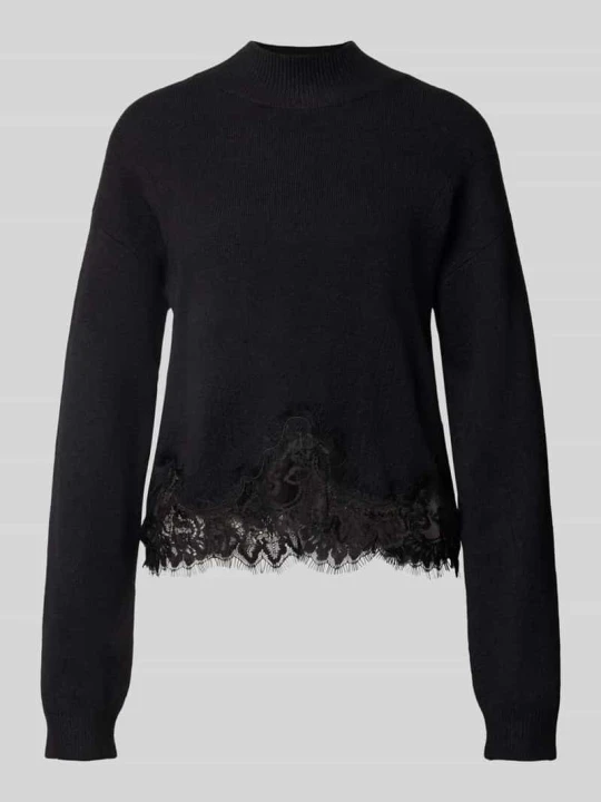 Zdjęcie produktu Sweter z dzianiny z czystej bawełny z koronkowym wykończeniem dołu, krój regular fit Guess Czarny