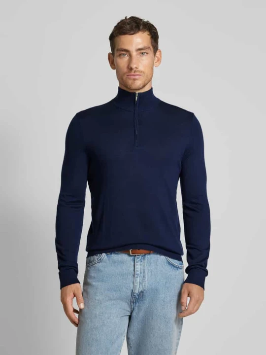 Zdjęcie produktu Sweter z dzianiny z wełny merino z zapinanym kołnierzem model ‘TRAY’ Selected Homme Ciemnoniebieski