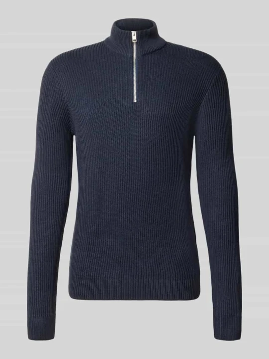 Zdjęcie produktu Sweter z dzianiny z kołnierzem zapinanym model 'PANNEL' Jack&Jones Granatowy