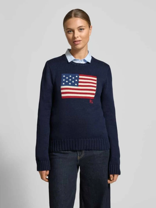 Zdjęcie produktu Sweter z dzianiny z motywem flagi i okrągłym dekoltem Polo Ralph Lauren Granatowy