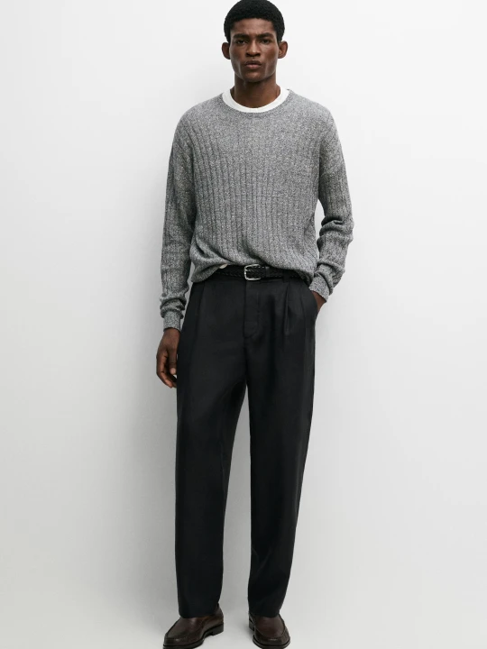 Zdjęcie produktu Sweter Z Dzianiny Z Muliny Z Lnem I Bawełną - Granatowy - Massimo Dutti - Male