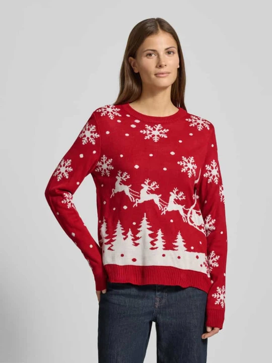 Zdjęcie produktu Sweter z dzianiny z okrągłym dekoltem model „SNOWI” Vila Czerwony