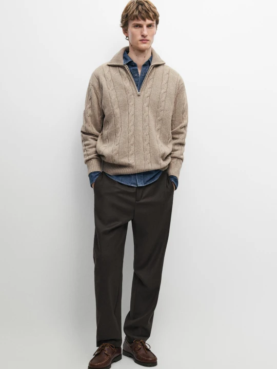 Zdjęcie produktu Sweter Z Dzianiny Z Półgolfem I Splotem Warkoczowym - Popielaty - Massimo Dutti - Male