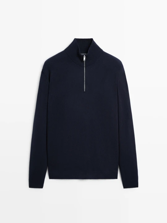 Zdjęcie produktu Sweter Z Dzianiny Z Półgolfem I Suwakiem - Granatowy - Massimo Dutti - Male