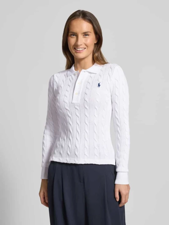 Zdjęcie produktu Sweter z dzianiny ze ściegiem warkoczowym i kołnierzykiem polo Polo Ralph Lauren Biały