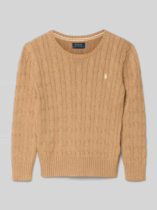 Zdjęcie produktu sweter z dzianiny ze ściegiem warkoczowym i wyhaftowanym logo Polo Ralph Lauren Camel