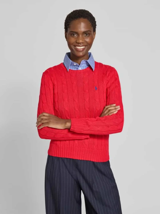 Zdjęcie produktu Sweter z dzianiny ze ściegiem warkoczowym model ‘JULIANNA’ Polo Ralph Lauren Jasnoczerwony