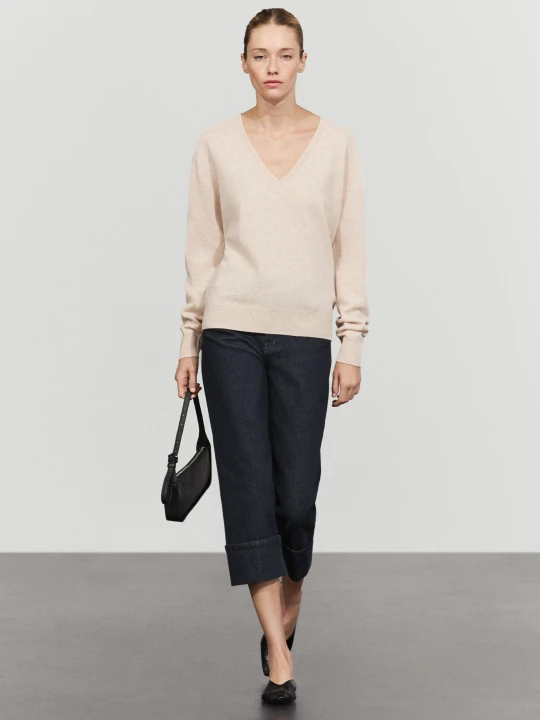 Zdjęcie produktu Sweter Z Mieszanki Wełny Z Dekoltem W Serek - Beżowy Pop - Massimo Dutti - Female