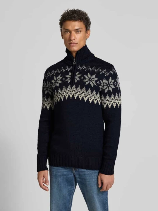 Zdjęcie produktu Sweter z mieszanki wełny z norweskim wzorem i kołnierzem zapinanym model ‘Myking’ Dale of Norway Granatowy