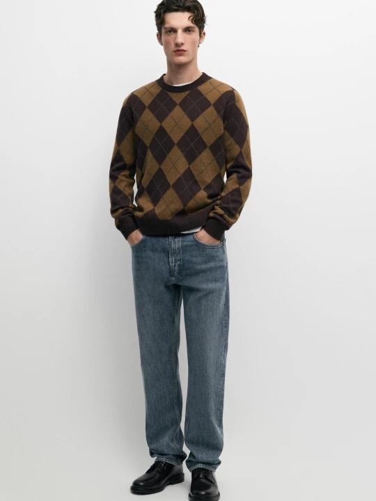 Zdjęcie produktu Sweter Ze 100% Wełny W Romby - Popielaty Brąz - Massimo Dutti - Male
