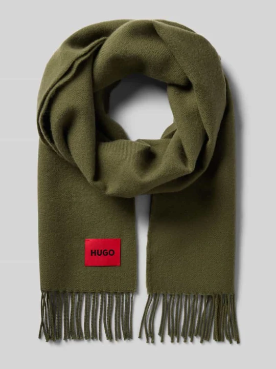 Zdjęcie produktu Szal z naszywką z logo z czystej wełny model 'Juster' Hugo Oliwkowy