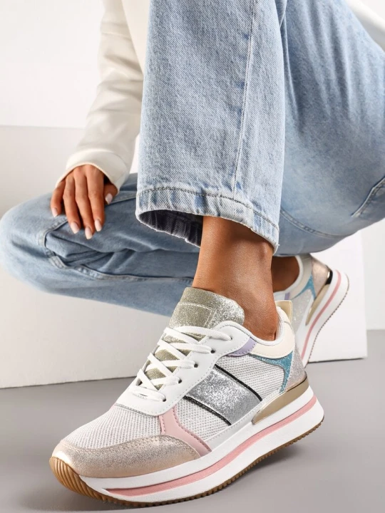 Zdjęcie produktu Srebrno-Różowe Sneakersy Ozdobione Brokatem i Kolorowymi Wstawkami Veradis