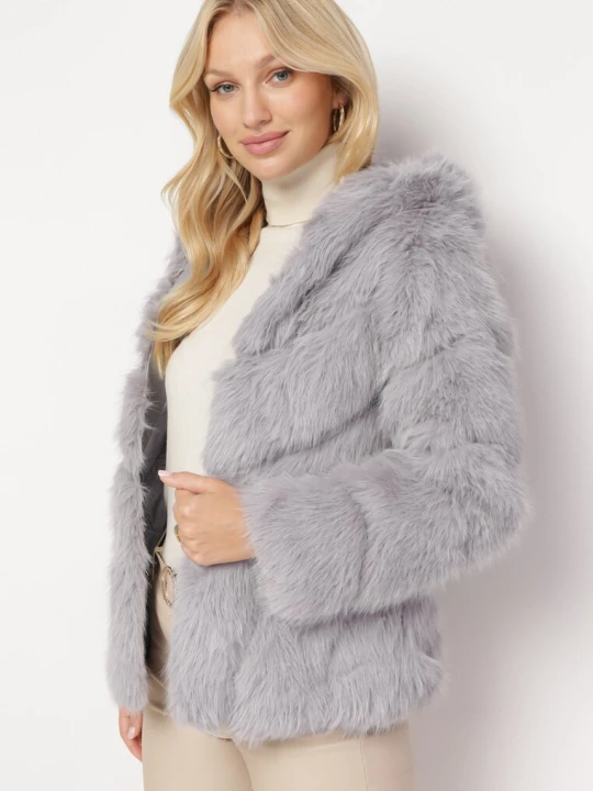 Zdjęcie produktu Szara Futrzana Kurtka z Kapturem Daviella Wool Fashion