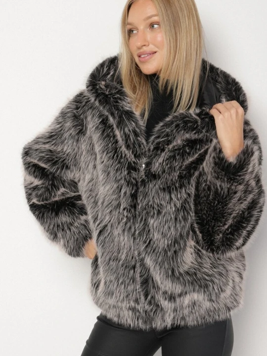 Zdjęcie produktu Szara Futrzana Kurtka z Nieodpinanym Kapturem Lanellea Ann Gissy