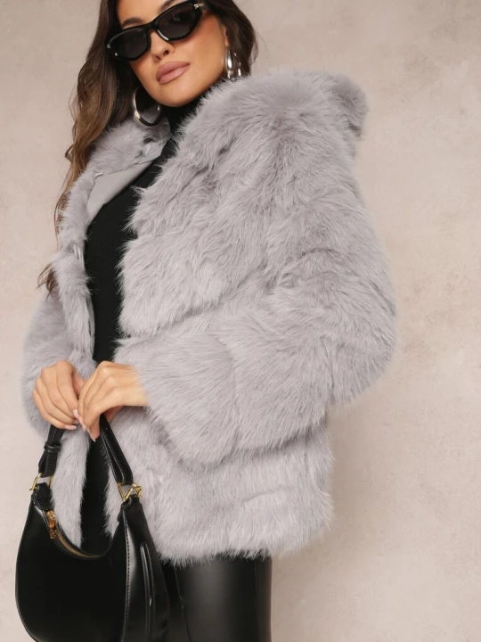 Zdjęcie produktu Szara Kurtka z Futerkiem i Kapturem Haiattas Wool Fashion
