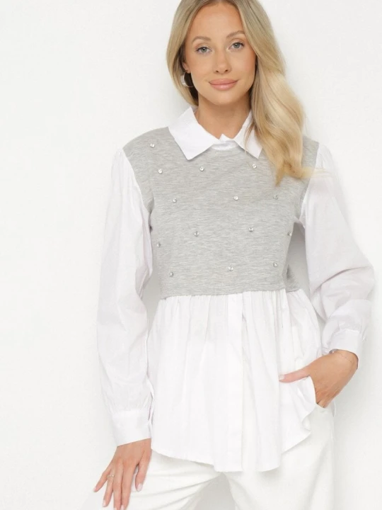 Zdjęcie produktu Szara Rozkloszowana Bluzka Koszulowa z Wiskozą z Wszytą Kamizelką z Cyrkoniami Uliaviela Pretty