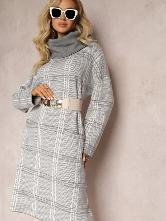 Zdjęcie produktu Szara Sweterkowa Sukienka Oversize z Szerokim Golfem Arnca Palma