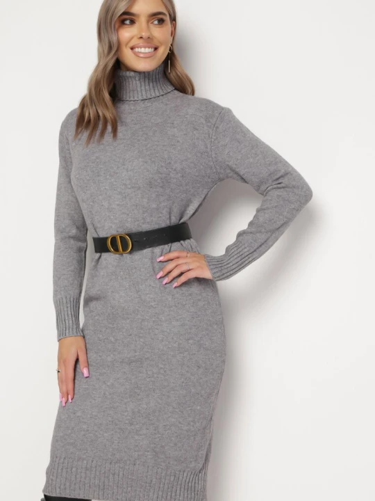 Zdjęcie produktu Szara Sweterkowa Sukienka Wełniana Midi z Golfem Doulcetta J&x