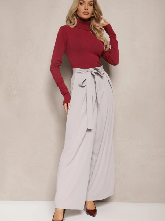 Zdjęcie produktu Szare Eleganckie Spodnie w Garniturowym Stylu High Waist Ozdobione Paskiem w Talii Wenelsea Elsa.m By May