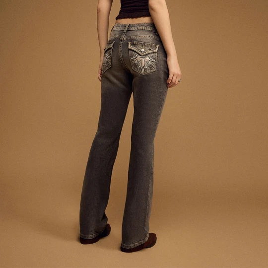 Zdjęcie produktu Szare jeansy bootcut z niskim stanem i zdobieniami na kieszeniach House