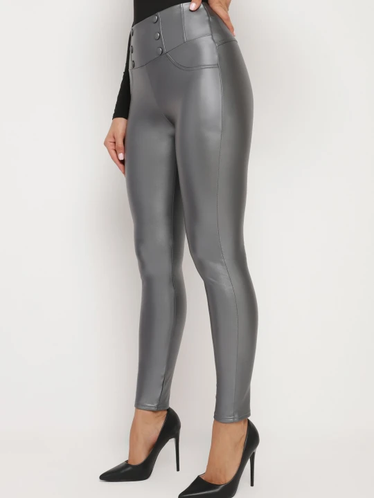 Zdjęcie produktu Szare Legginsy z Ekoskóry Ocieplane z Efektem Push-Up Labrisa Defox