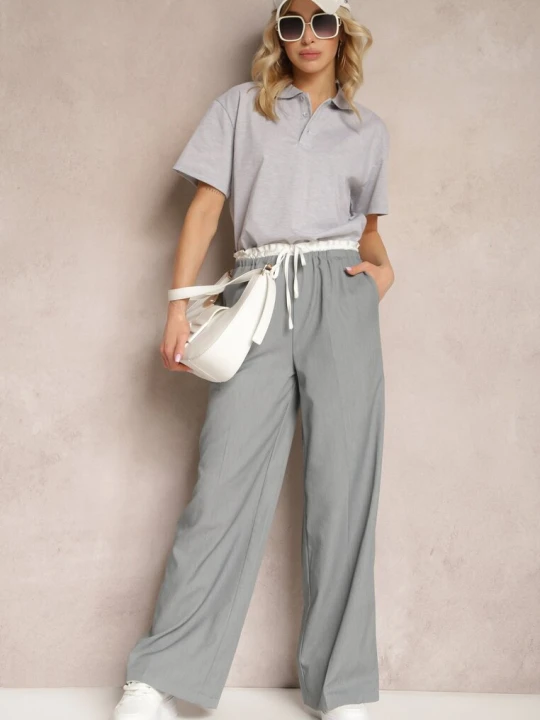 Zdjęcie produktu Szare Materiałowe Spodnie z Szerokimi Nogawkami High Waist z Gumką w Talii Comina Retro & Icone