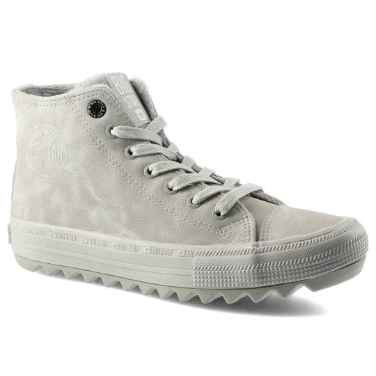Zdjęcie produktu Sneakersy damskie Big Star, wykonane z materiału tekstylnego o wzmocnionej strukturze z wysoką cholewką i klasycznym sznurowaniem, szare, GG274070