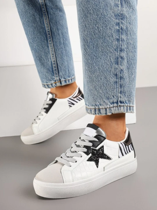 Zdjęcie produktu Biało-Szare Sneakersy na Niskiej Platformie z Brokatowymi Zdobieniami Felaven
