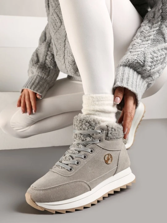 Zdjęcie produktu Szare Sneakersy na Platformie z Barankiem i i Błyszczącą Aplikacją Irithnae