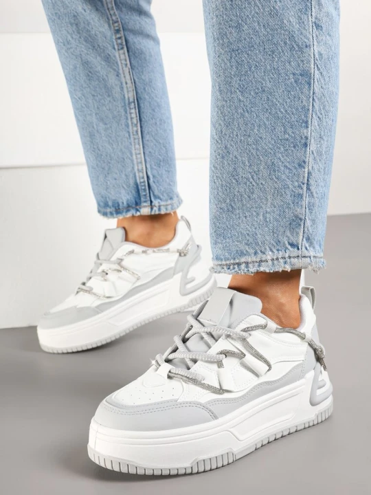 Zdjęcie produktu Biało-Szare Sneakersy na Platformie z Paskiem z Cyrkonii Aneolin