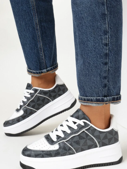 Zdjęcie produktu Szare Sneakersy na Platformie Zdobione Geometrycznym Wzorem Zamya