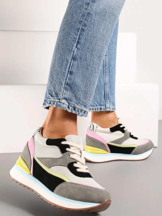 Zdjęcie produktu Szare Sneakersy na Ukrytym Niewysokim Koturnie z Brokatem Fioralan