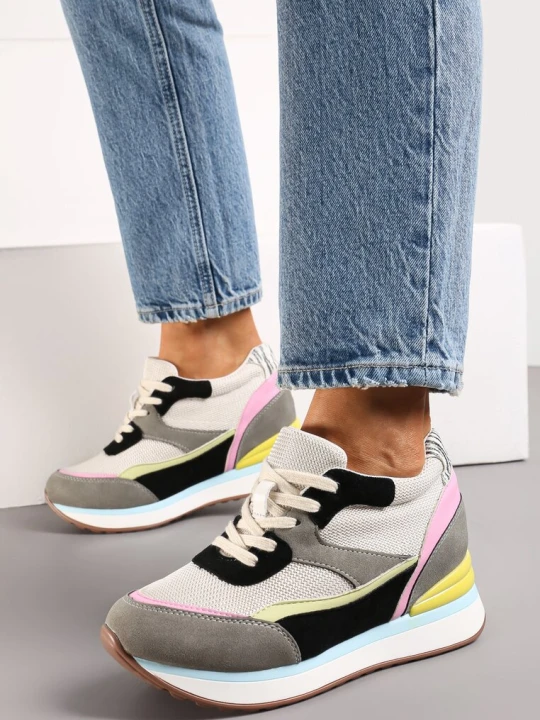 Zdjęcie produktu Szare Sneakersy z Kolorowymi Wstawkami na Ukrytym Koturnie Eirlys