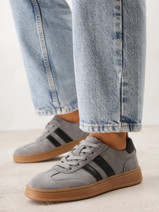 Zdjęcie produktu Szare Sneakersy ze Skóry Naturalnej z Geometrycznym Wzorem Zetisius Santorio