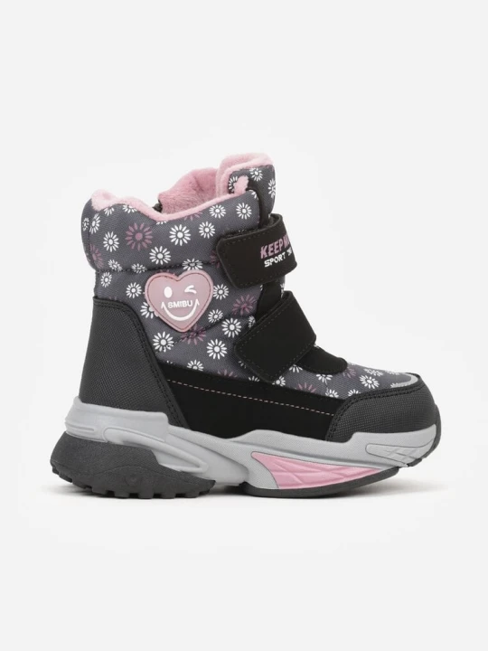 Zdjęcie produktu Szare Śniegowce w Kwiatki z Sercem i Napisem Alwedina Ht Kids Shoes
