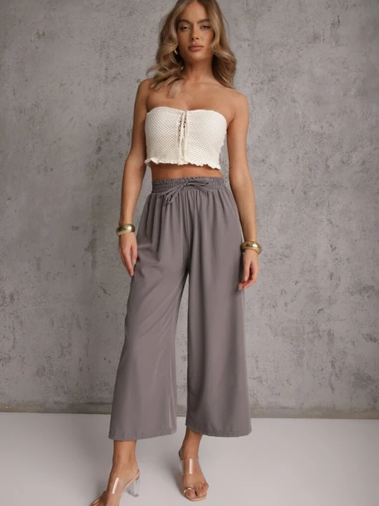 Zdjęcie produktu Szare Spodnie High Waist z Szerokimi Nogawkami z Wiskozą Wykończone Gumką w Talii Crisantas Defox
