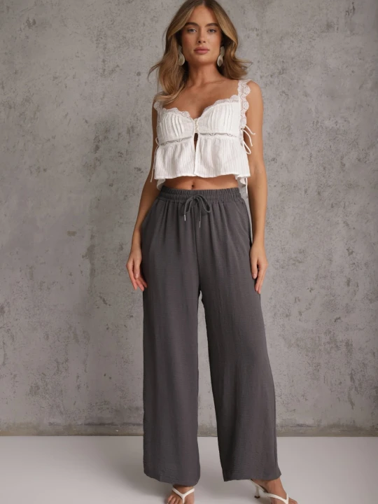 Zdjęcie produktu Szare Spodnie High Waist ze Sznurkiem w Talii i Prostą Nogawką Raveann Defox