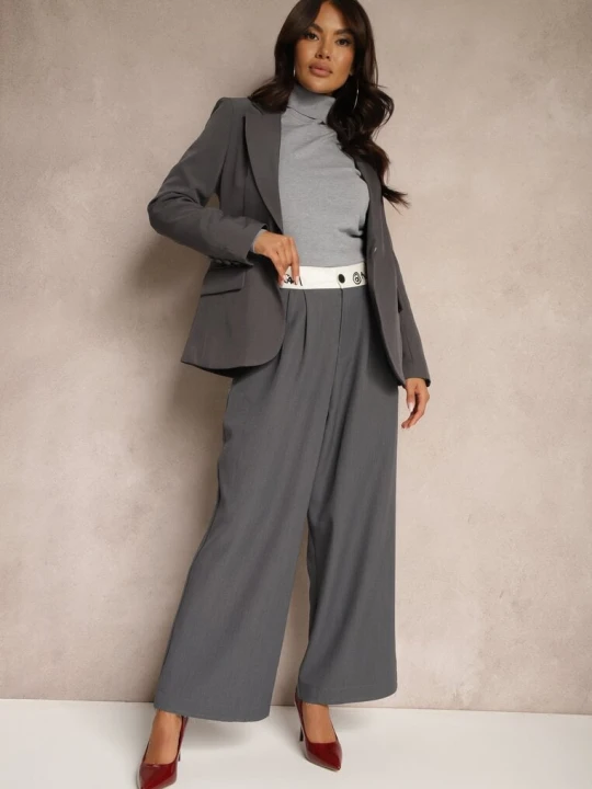 Zdjęcie produktu Szare Spodnie Palazzo High Waist z Szerokimi Nogawkami z Zapięciem na Guziki i Zamek Lomedia Elsa.m By May