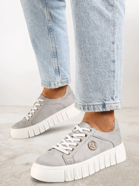 Zdjęcie produktu Szare Sznurowane Sneakersy Vices na Platformie z Tłoczeniem i Metaliczną Aplikacją Lavfedi