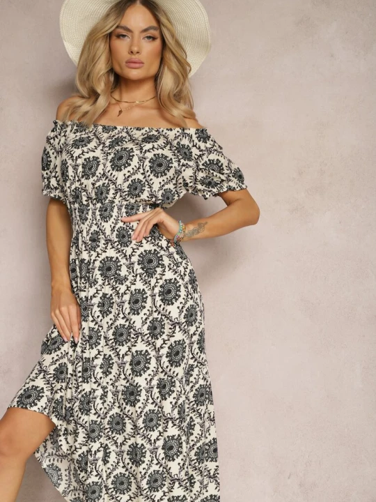 Zdjęcie produktu Szaro-Beżowa Sukienka z Wiskozy o Kroju Hiszpanki z Gumką w Pasie Zilalina J&x