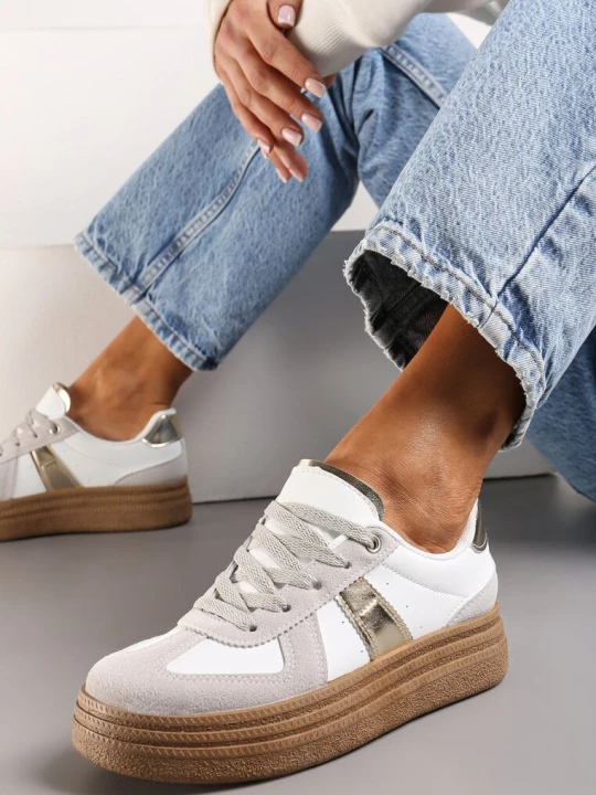 Zdjęcie produktu Szaro-Białe Sneakersy na Grubej Podeszwie z Ozdobnymi Przeszyciami Ysdole