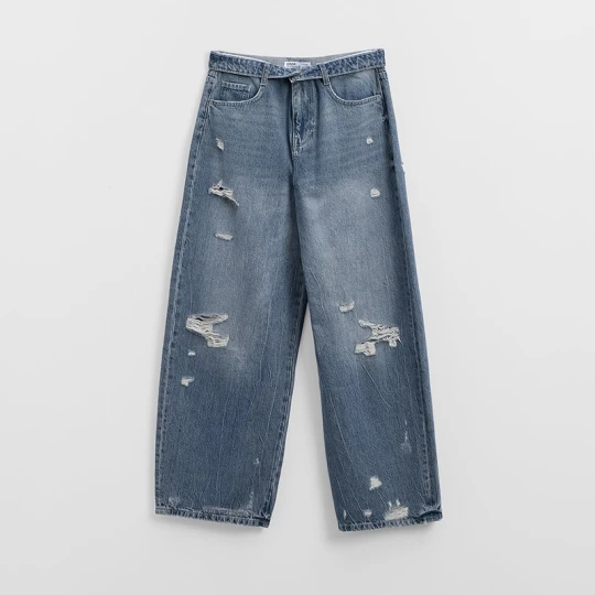 Zdjęcie produktu Szaro-granatowe jeansy baggy fit z przetarciami i wywijanym pasem House