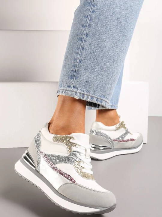 Zdjęcie produktu Szaro-Różowe Brokatowe Sneakersy na Ukrytym Koturnie Zophiela Biały