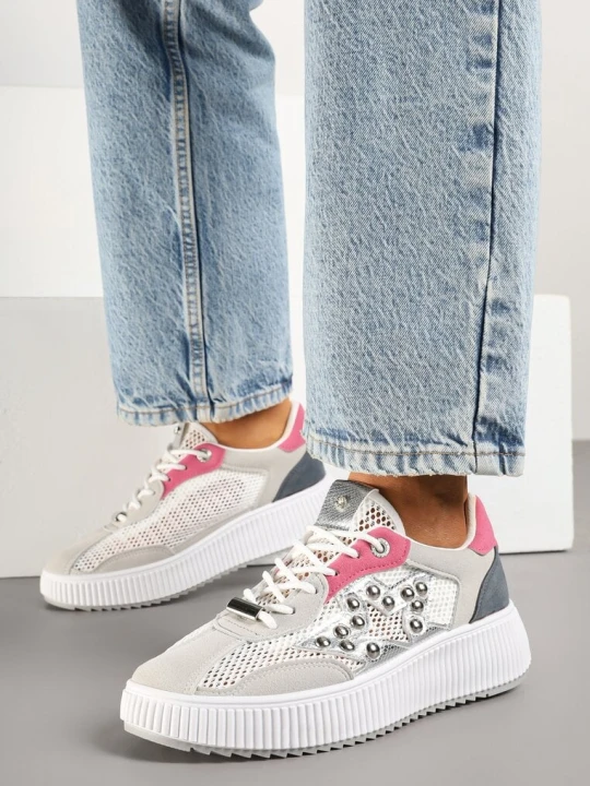 Zdjęcie produktu Szaro-Różowe Sneakersy Ozdobione Gwiazdą i Nitami Zeloti Fiori&spinc
