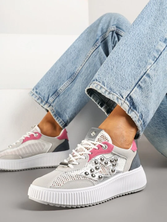 Zdjęcie produktu Szaro-Różowe Sneakersy z Nitami i Gwiazdą Viroti Fiori&spinc