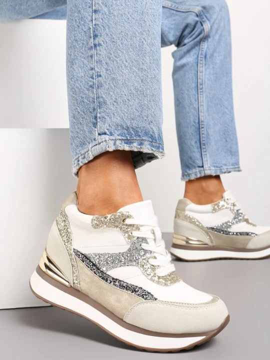Zdjęcie produktu Szaro-Złote Brokatowe Sneakersy na Ukrytym Koturnie Zophiela Beżowy